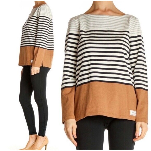 Talbots Sweater Women XL Tan Camel Gray Black Striped Pullover NWT Soft - Picture 2 of 2